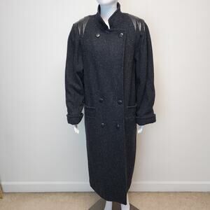 Vtg Maggie Lawrence Trench Coat Size 7/8 Dark Gray Leather Shoulders Wool Blend